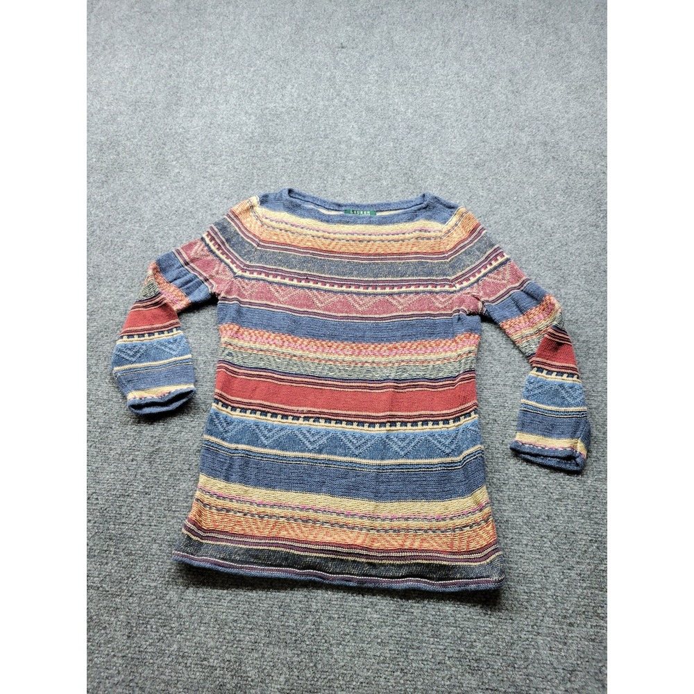 Lauren Ralph Lauren Southwestern Fair Isle Linen Blend Sweater Blue Red Mens M